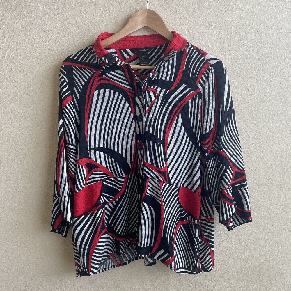 Ali Miles Blouse Womens PS Black Red White Geometric Button Up Pockets